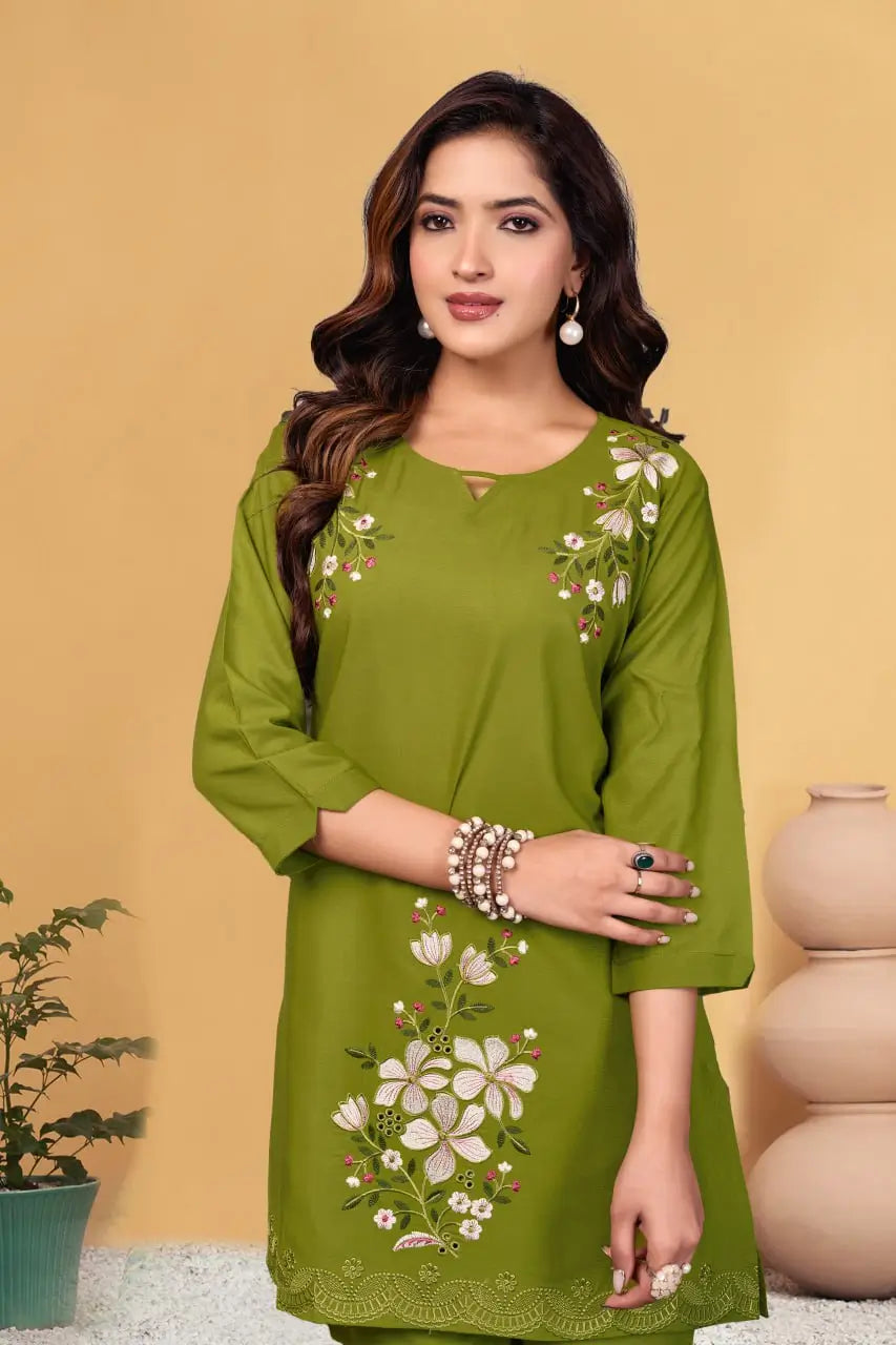 Embroidered Viscose Rayon Kurti Pant Set
