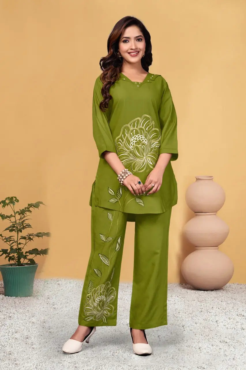 Embroidered Viscose Rayon Kurti Pant Set