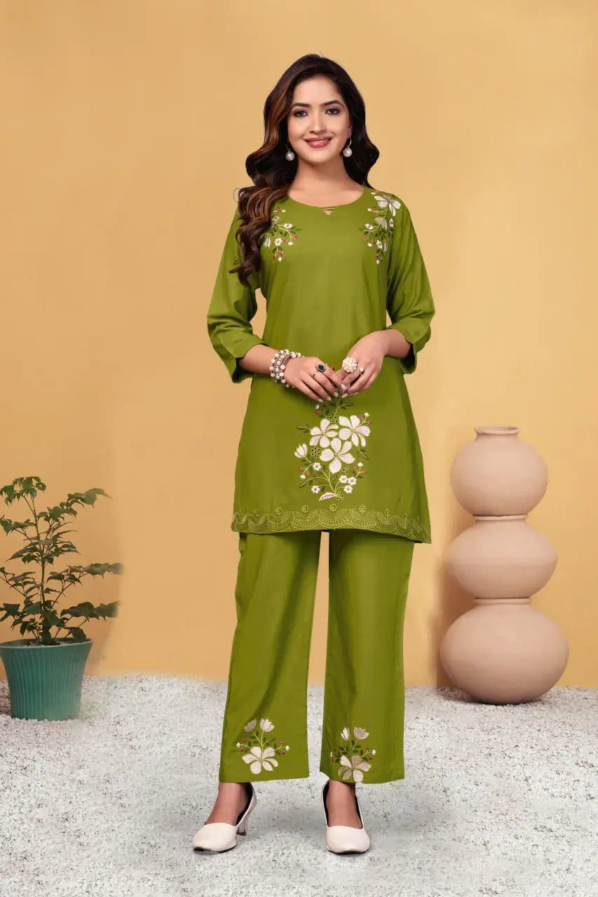 Embroidered Viscose Rayon Kurti Pant Set