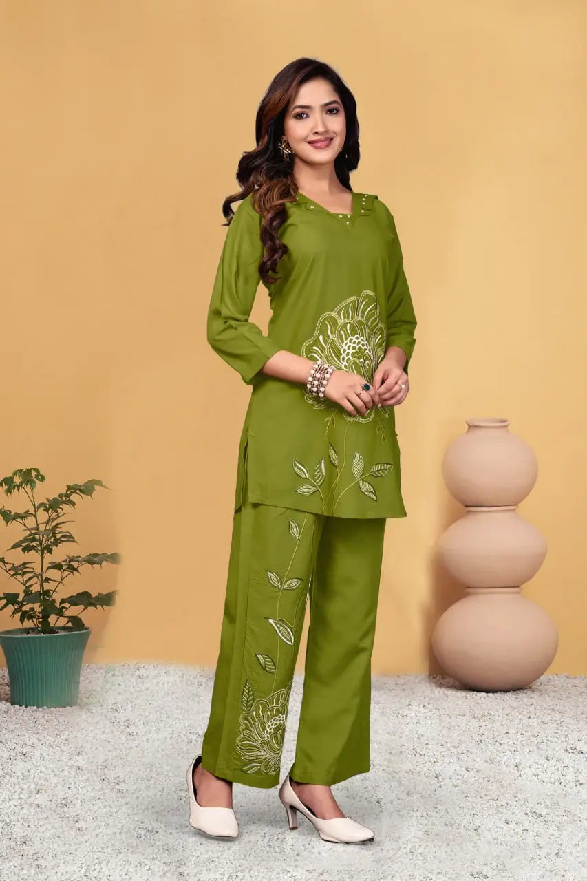 Embroidered Viscose Rayon Kurti Pant Set