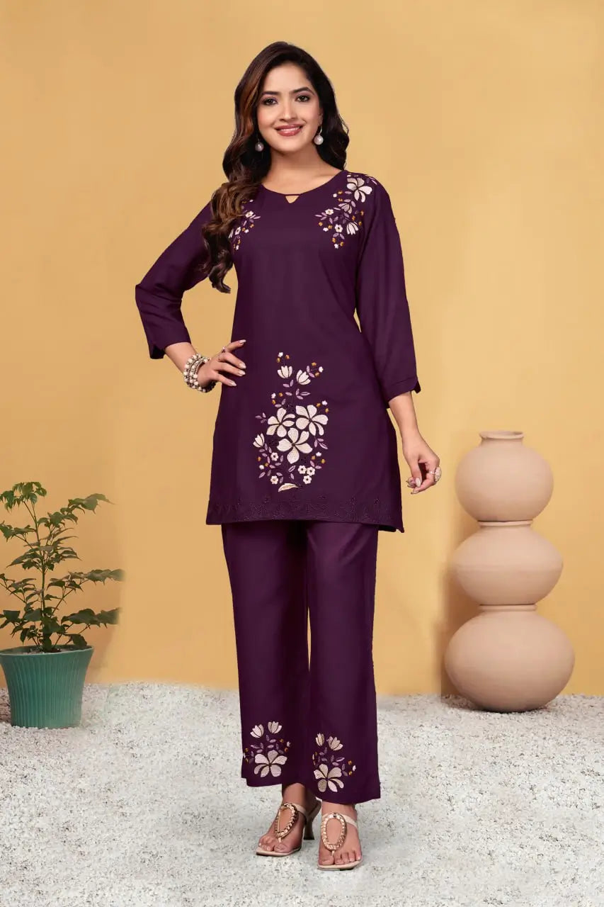 Embroidered Viscose Rayon Kurti Pant Set