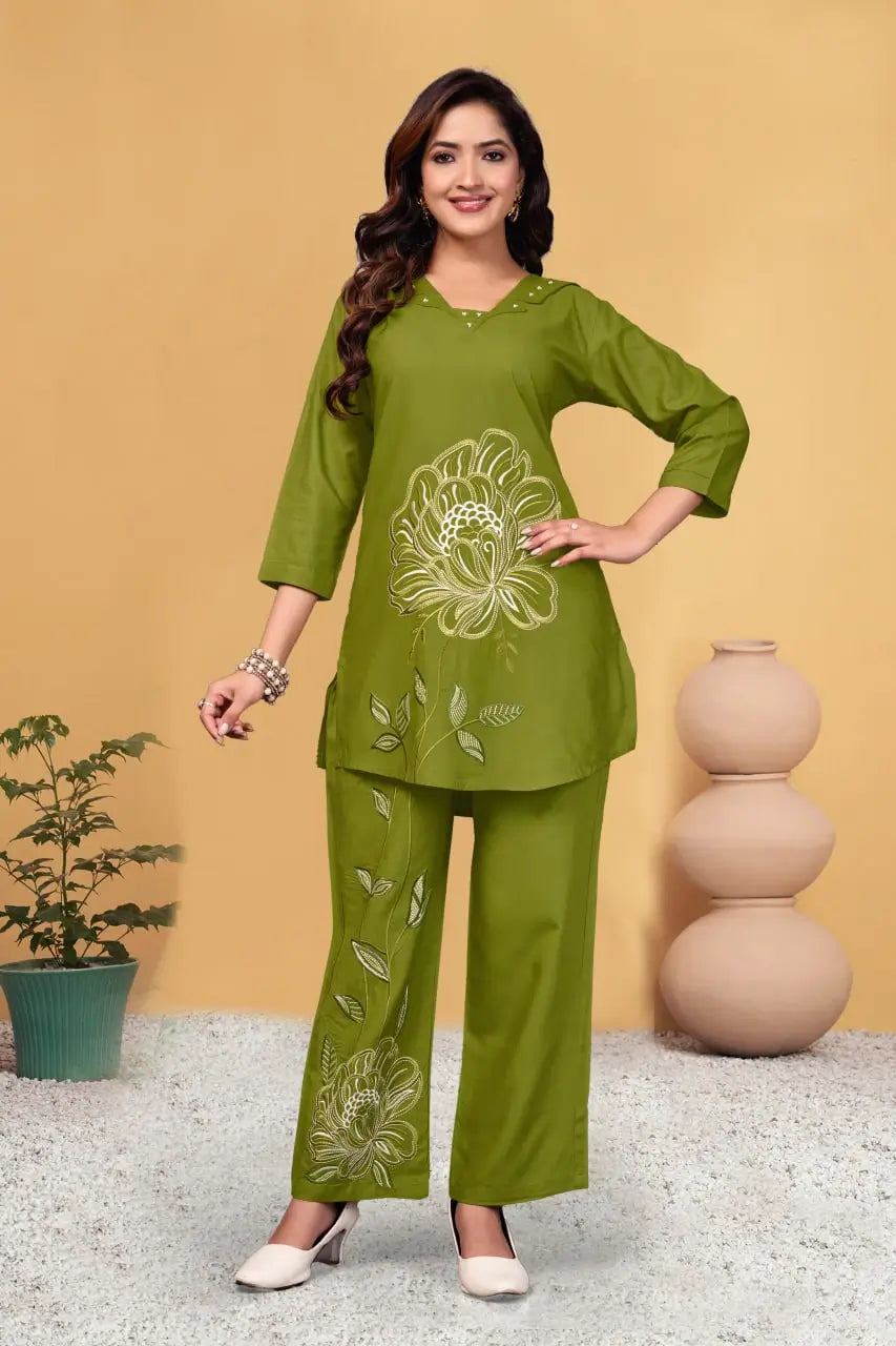 Embroidered Viscose Rayon Kurti Pant Set