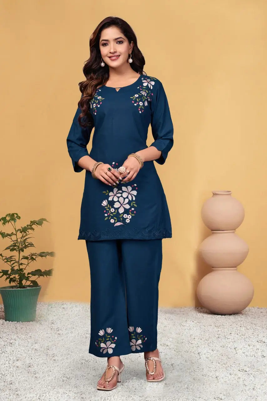 Embroidered Viscose Rayon Kurti Pant Set