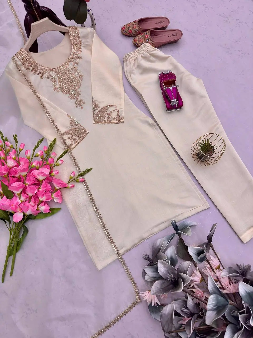 Embroidered Viscose Simer Kurta Set with Organza Dupatta