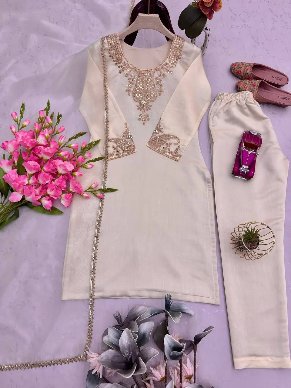 Embroidered Viscose Simer Kurta Set with Organza Dupatta