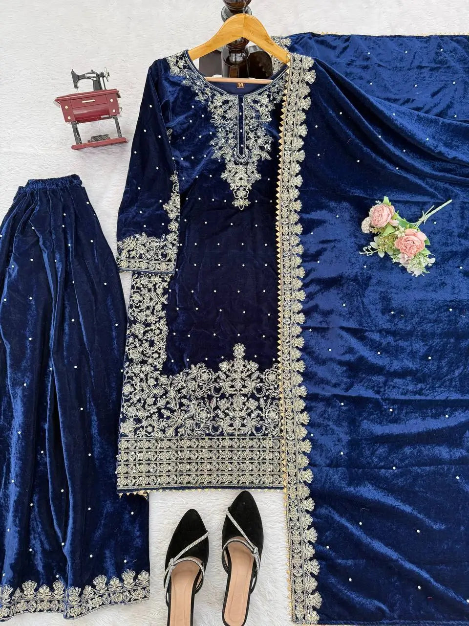 Embroidered Viscose Velvet Palazzo Suit Set