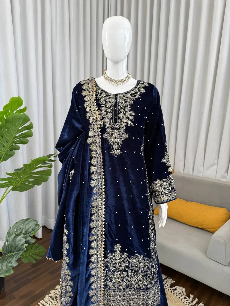 Embroidered Viscose Velvet Palazzo Suit Set