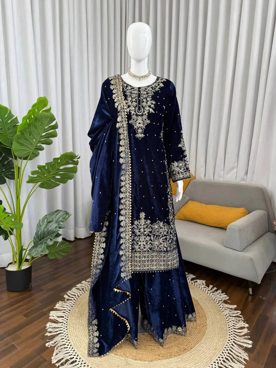 Embroidered Viscose Velvet Palazzo Suit Set
