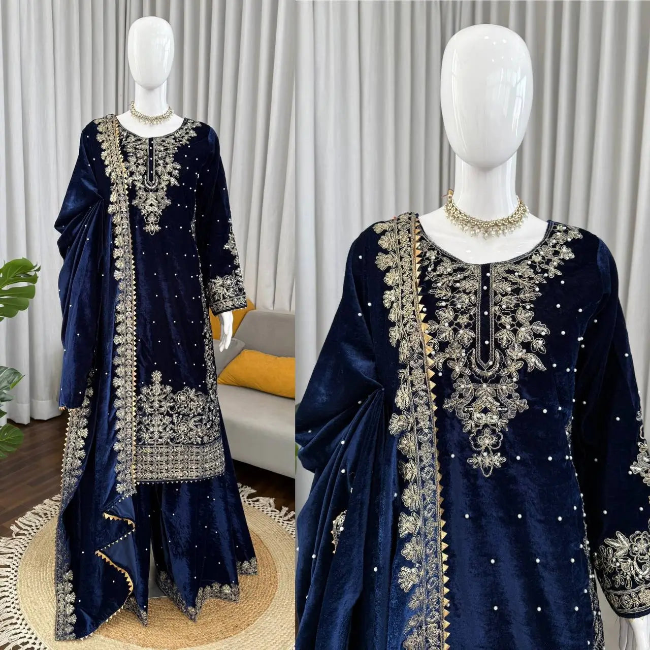 Embroidered Viscose Velvet Palazzo Suit Set
