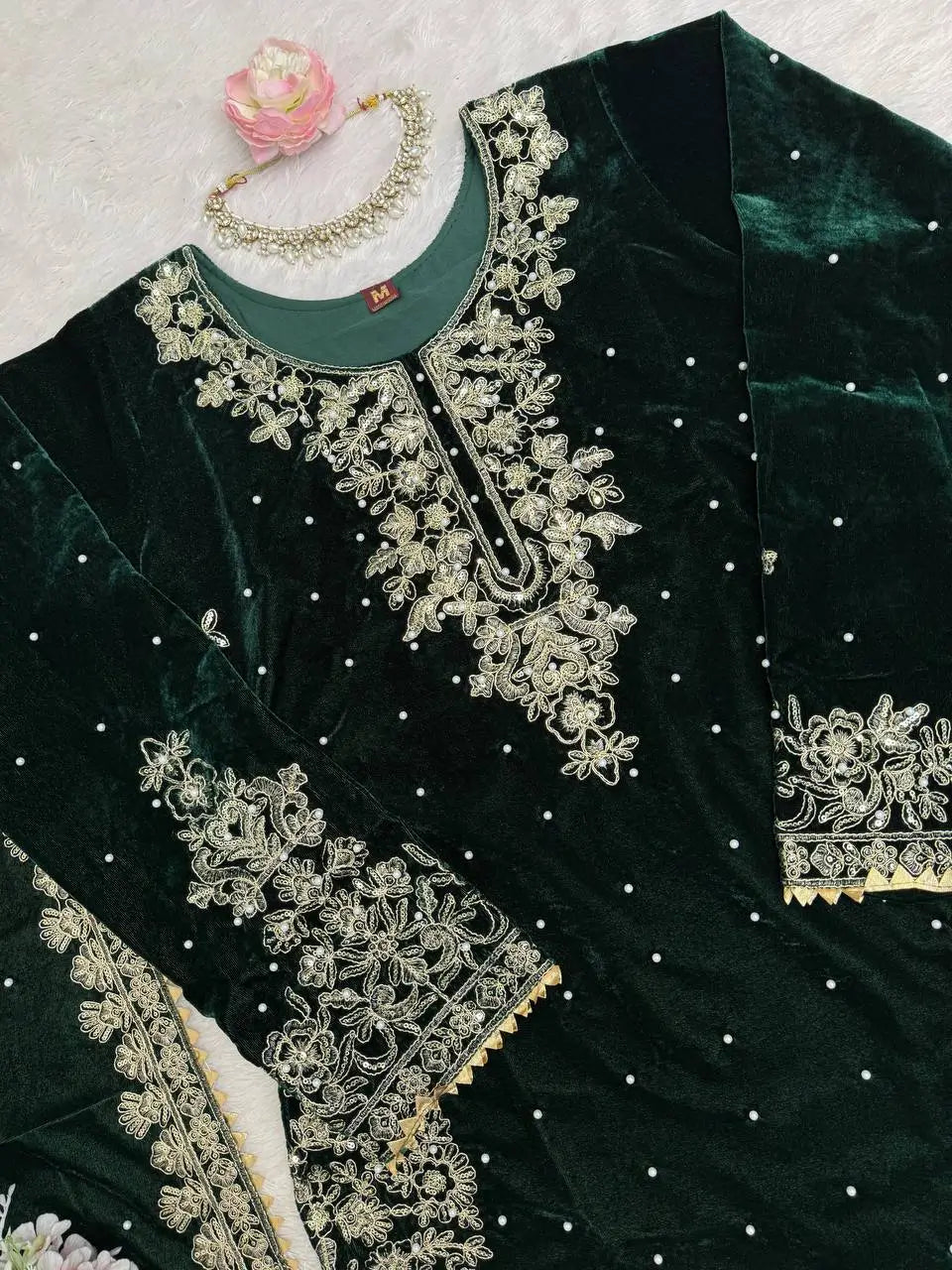 Embroidered Viscose Velvet Palazzo Suit Set