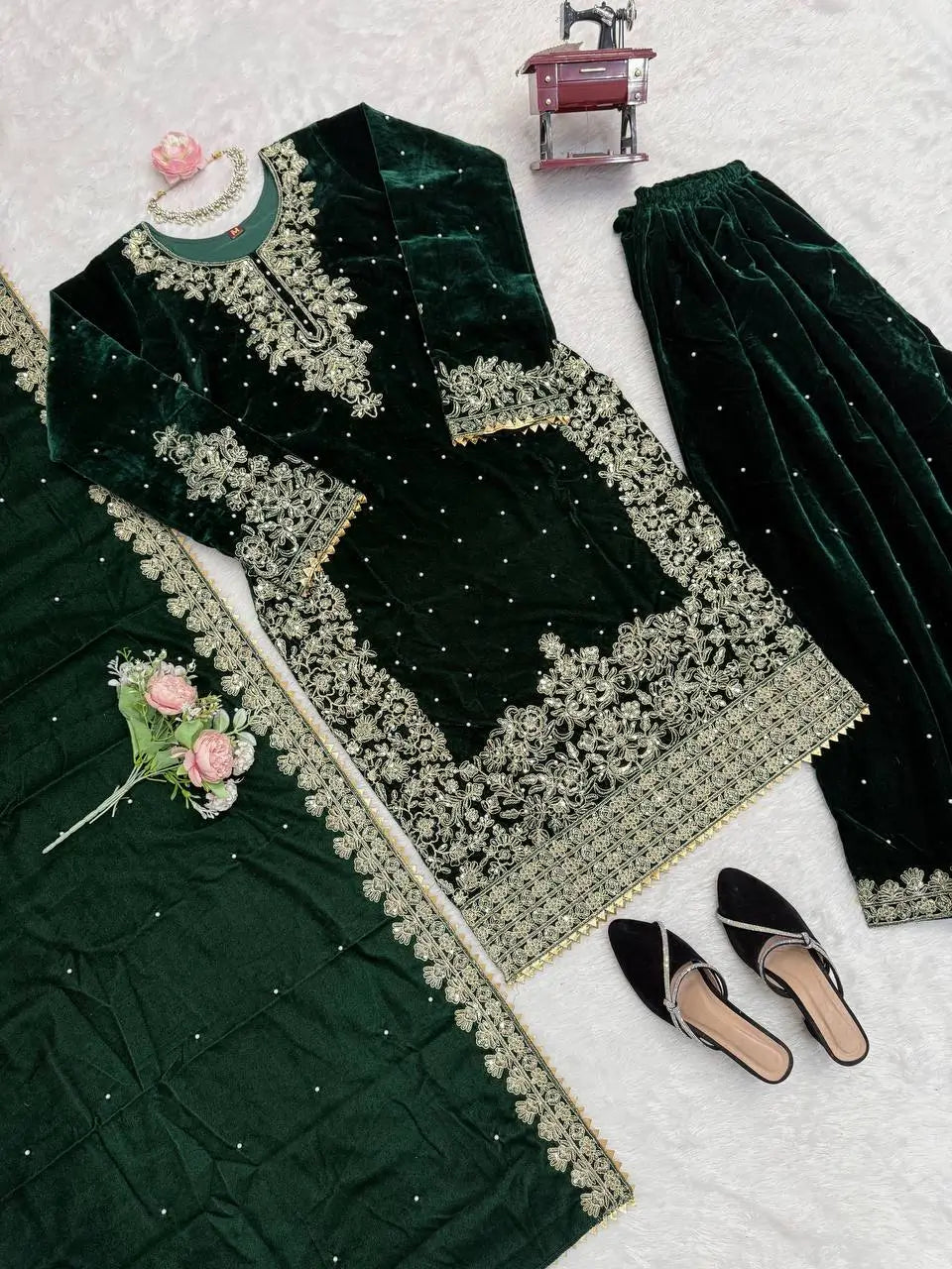 Embroidered Viscose Velvet Palazzo Suit Set