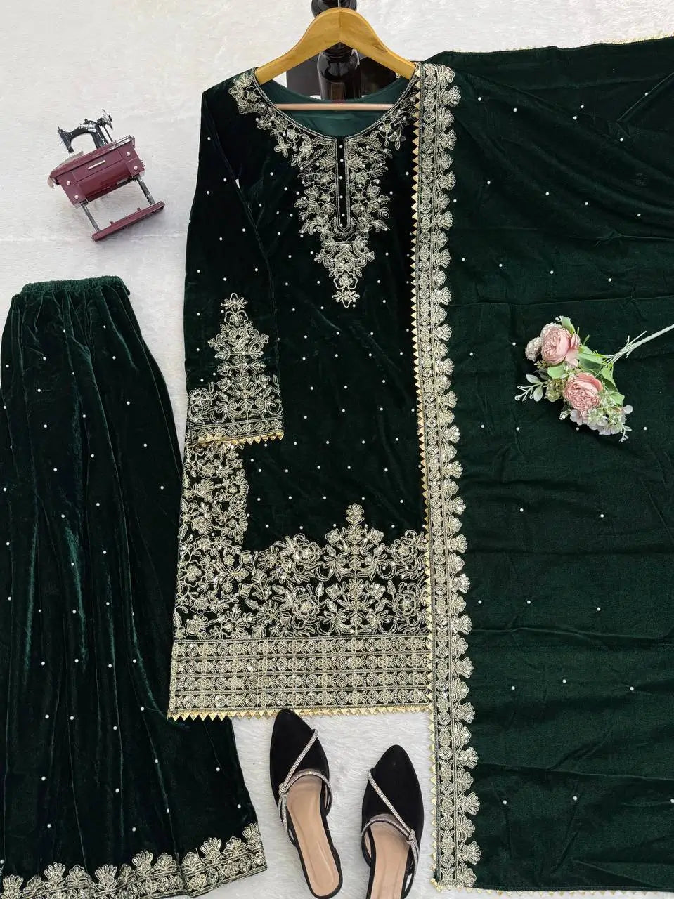 Embroidered Viscose Velvet Palazzo Suit Set