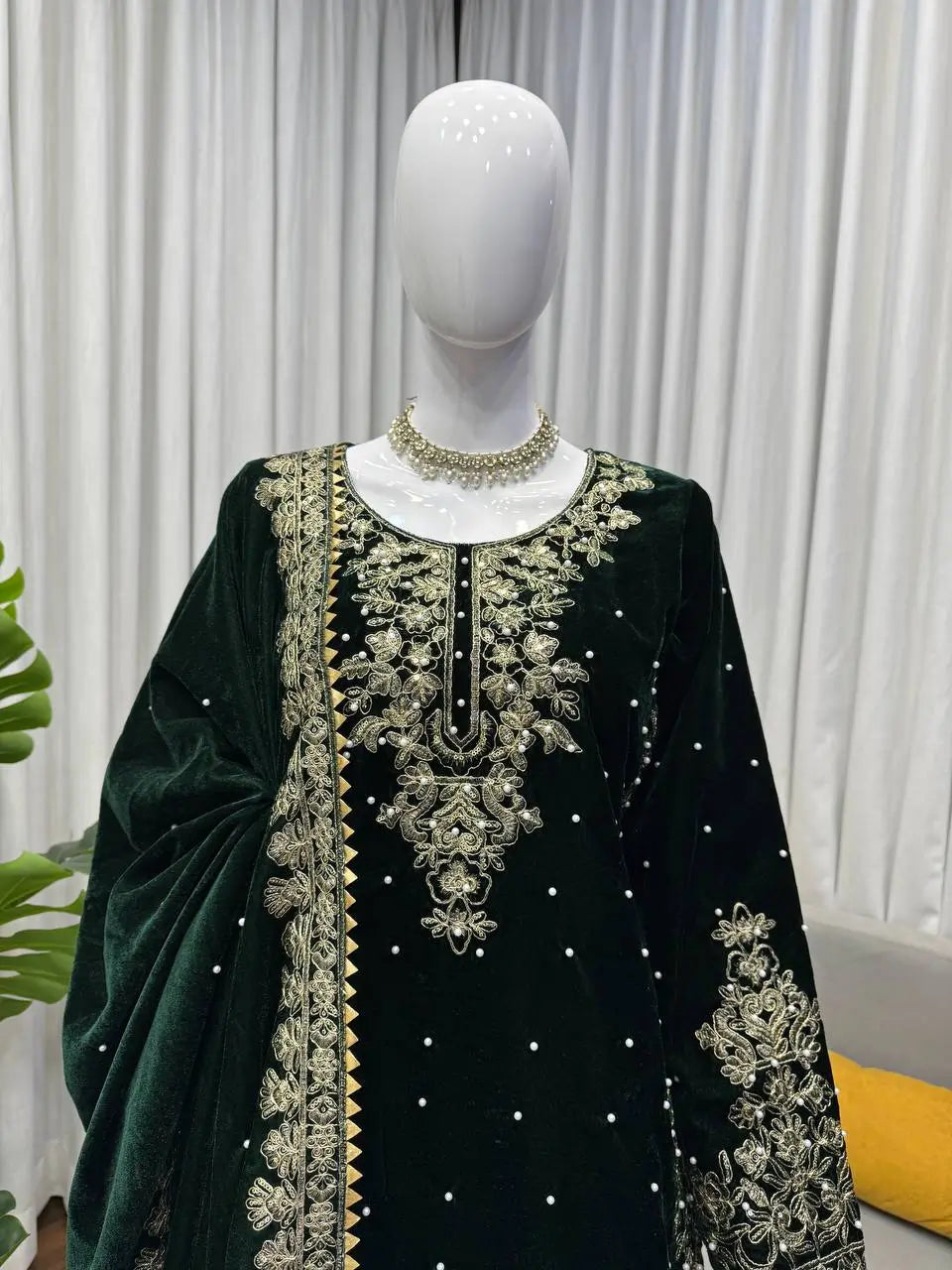 Embroidered Viscose Velvet Palazzo Suit Set