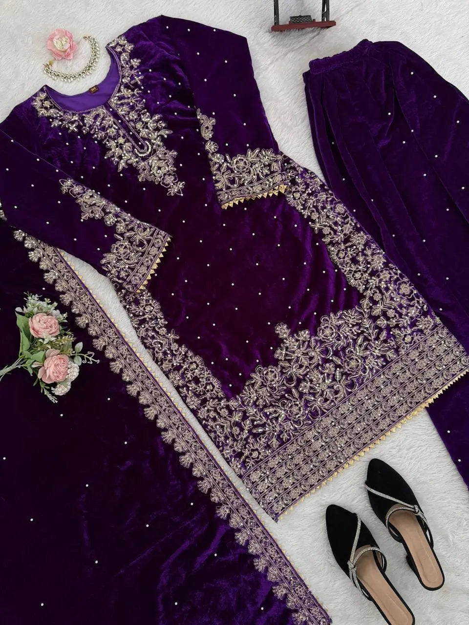 Embroidered Viscose Velvet Palazzo Suit Set
