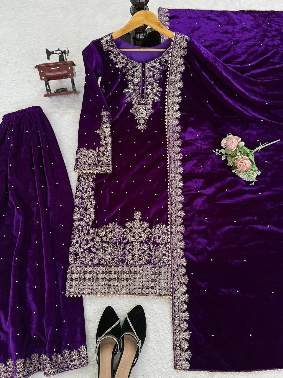 Embroidered Viscose Velvet Palazzo Suit Set