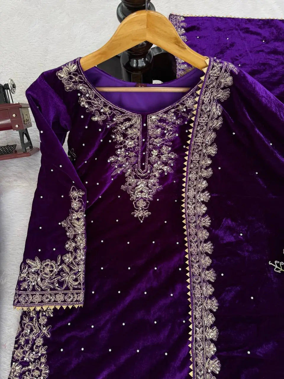 Embroidered Viscose Velvet Palazzo Suit Set