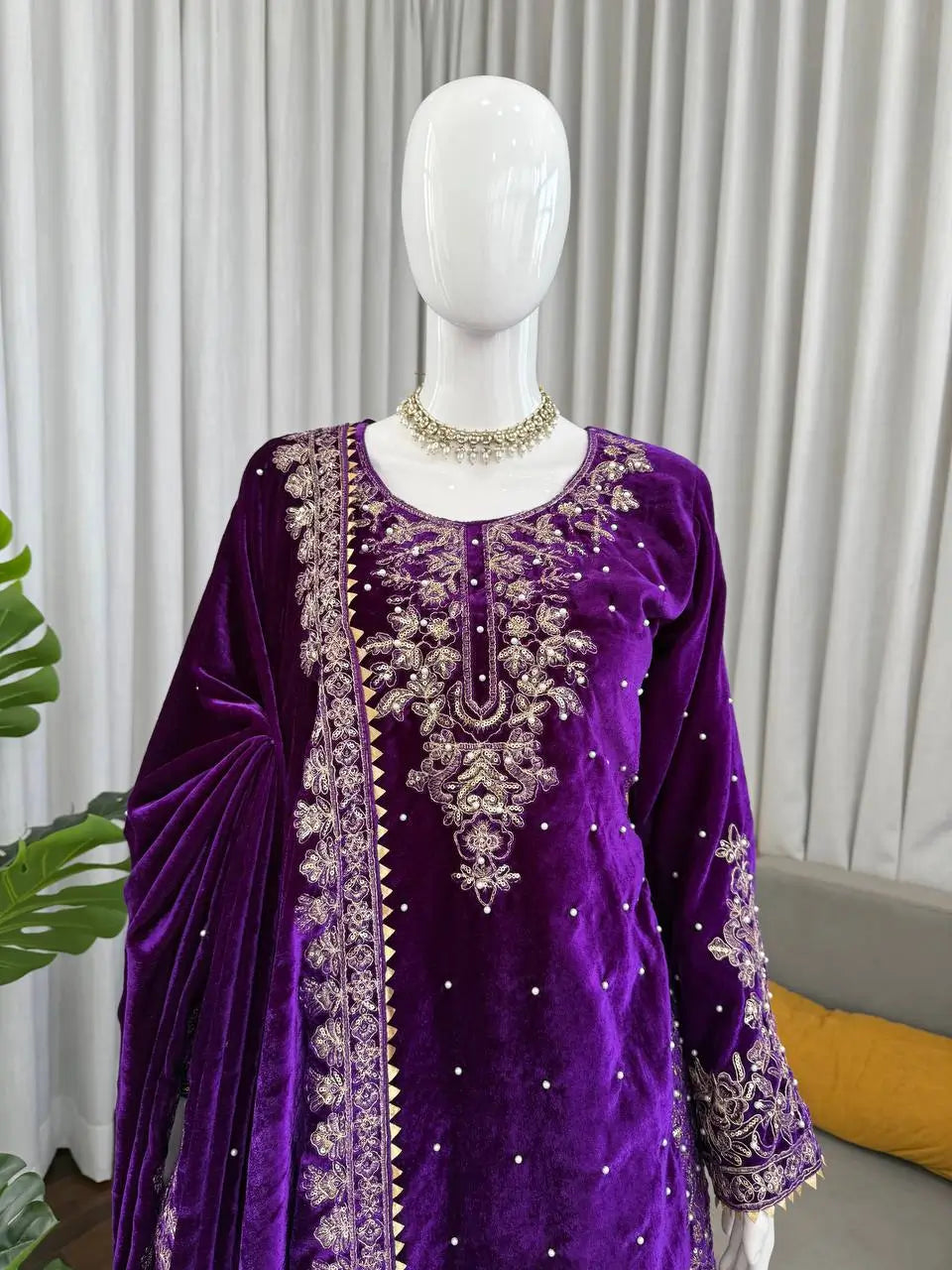 Embroidered Viscose Velvet Palazzo Suit Set