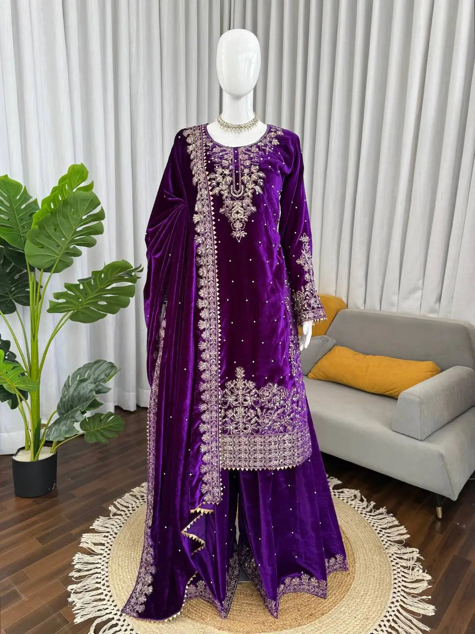 Embroidered Viscose Velvet Palazzo Suit Set
