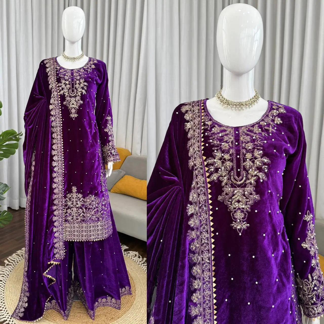 Embroidered Viscose Velvet Palazzo Suit Set