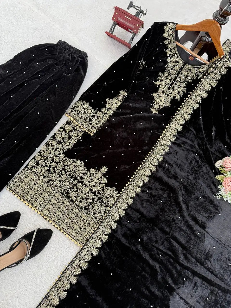 Embroidered Viscose Velvet Palazzo Suit Set