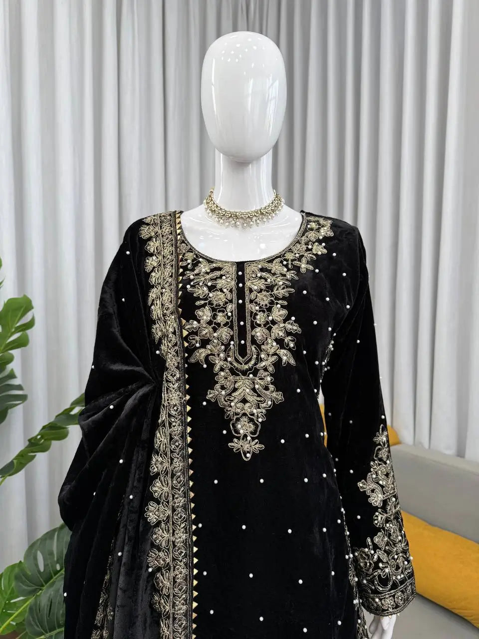 Embroidered Viscose Velvet Palazzo Suit Set