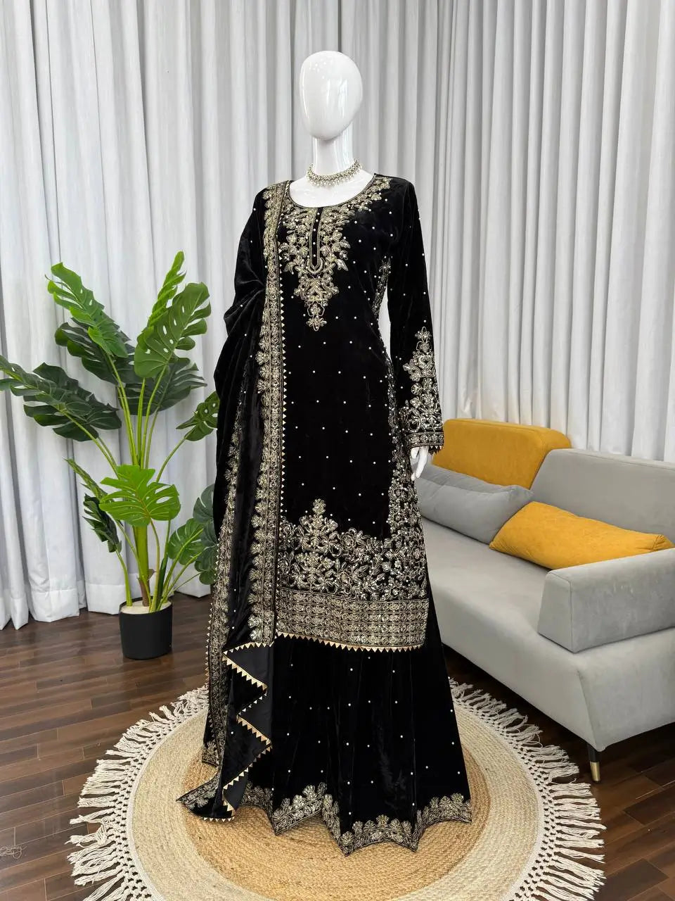 Embroidered Viscose Velvet Palazzo Suit Set