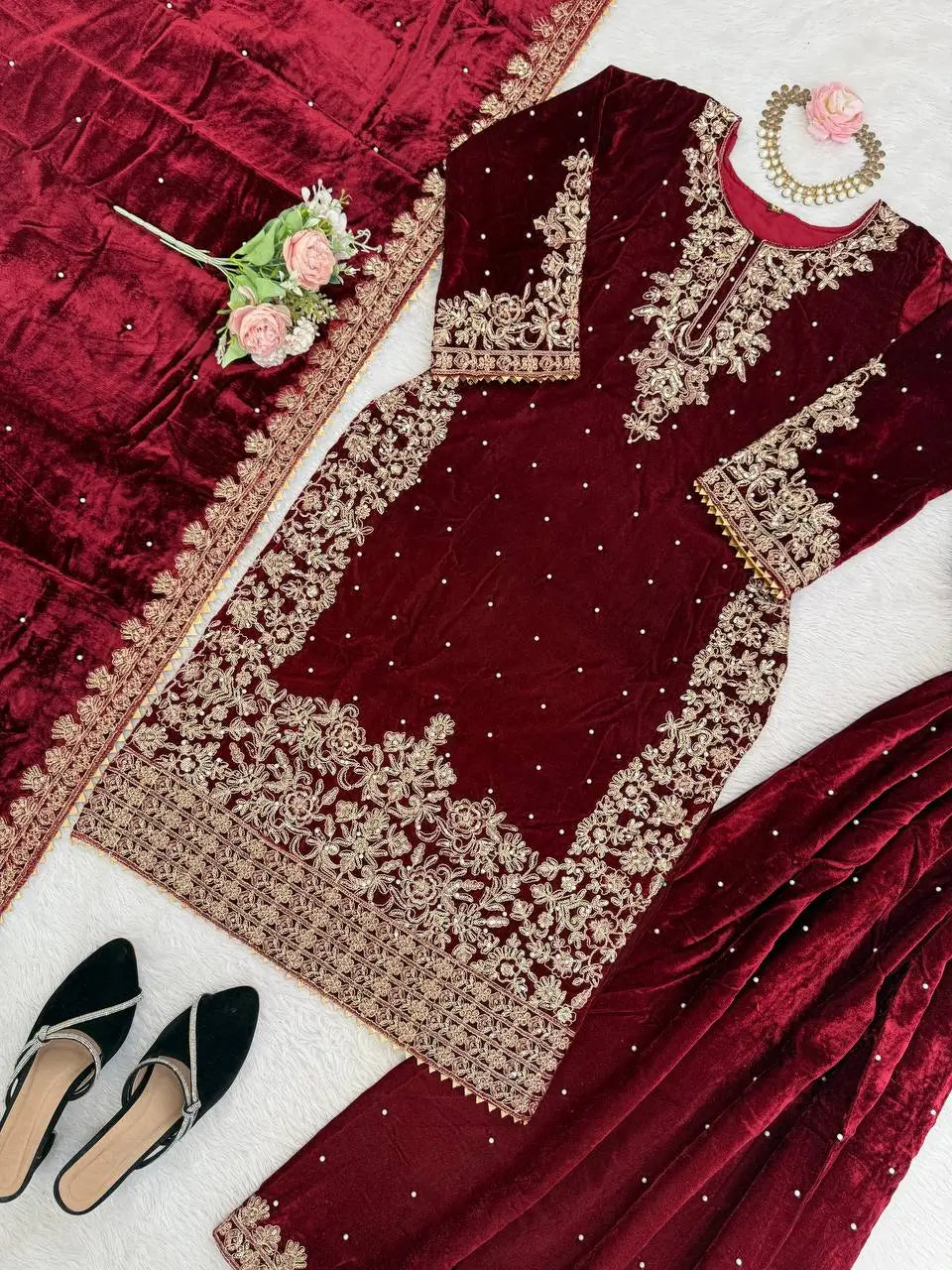Embroidered Viscose Velvet Palazzo Suit Set