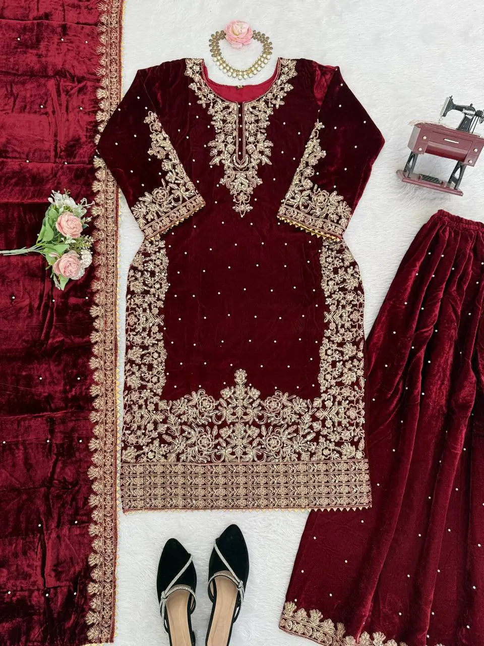 Embroidered Viscose Velvet Palazzo Suit Set