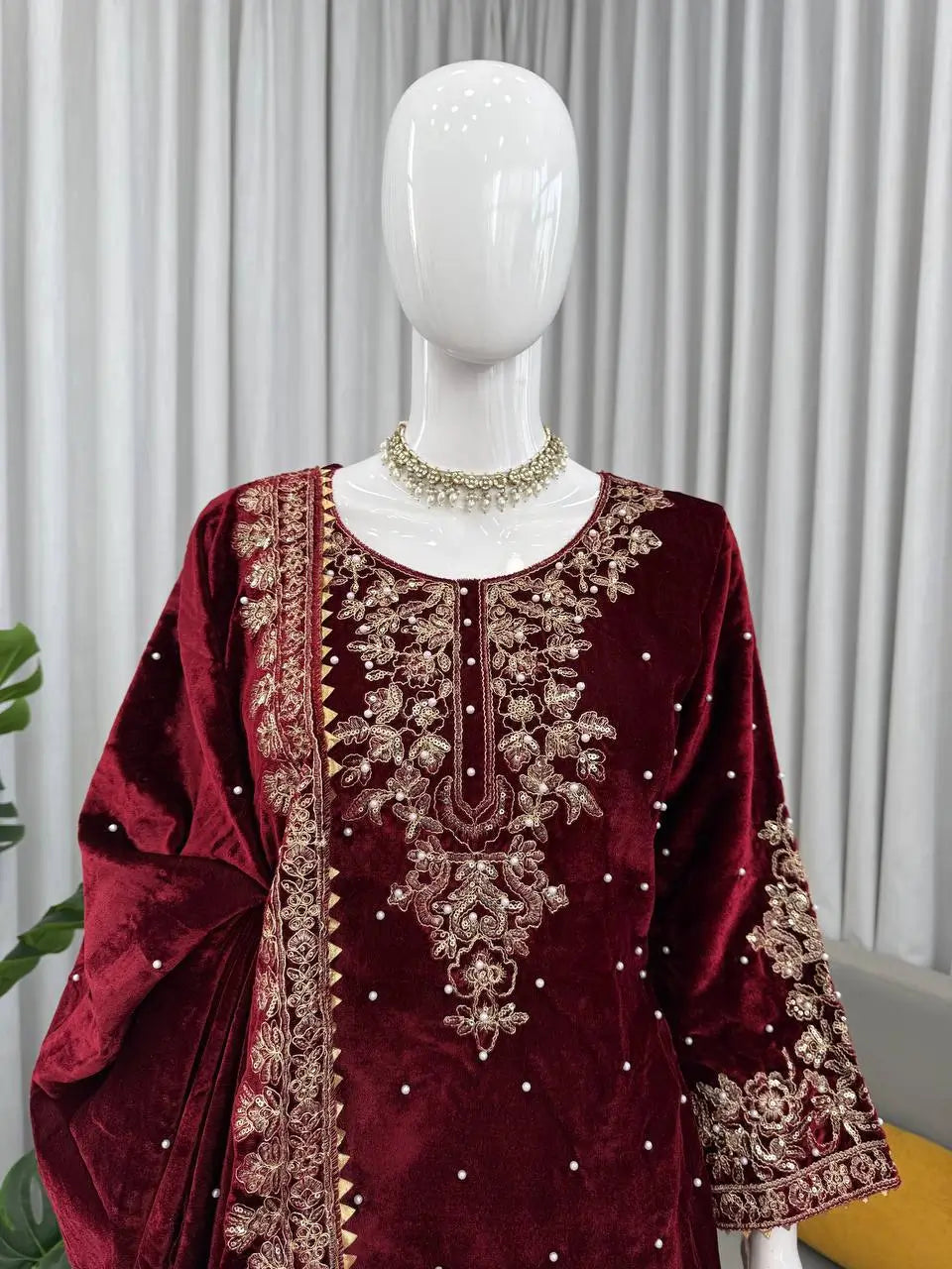 Embroidered Viscose Velvet Palazzo Suit Set