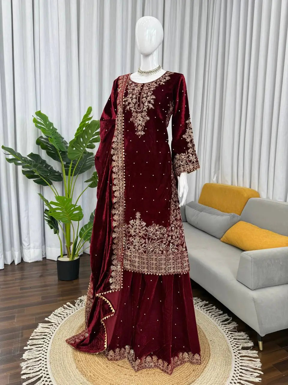 Embroidered Viscose Velvet Palazzo Suit Set