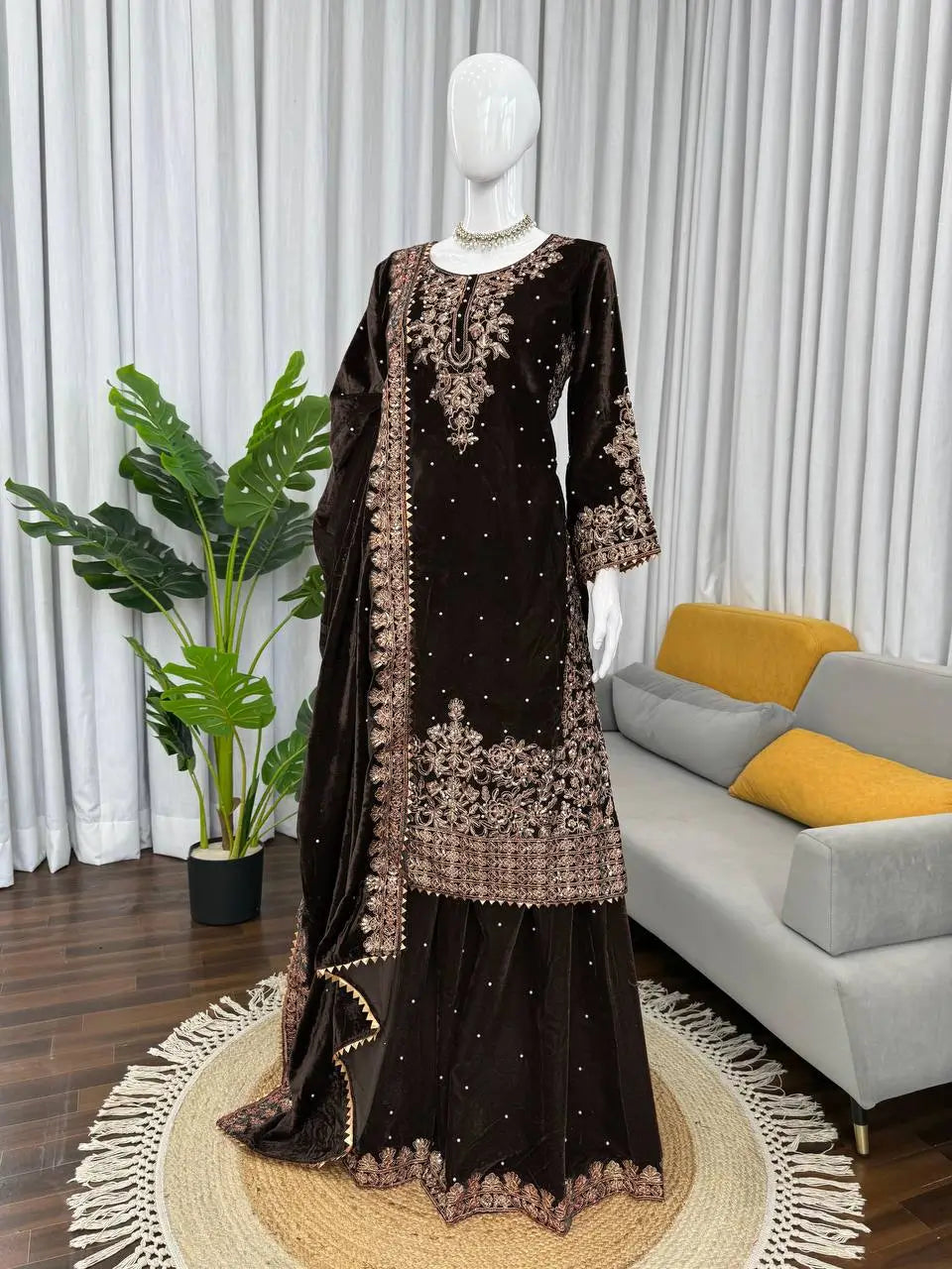 Embroidered Viscose Velvet Palazzo Suit Set