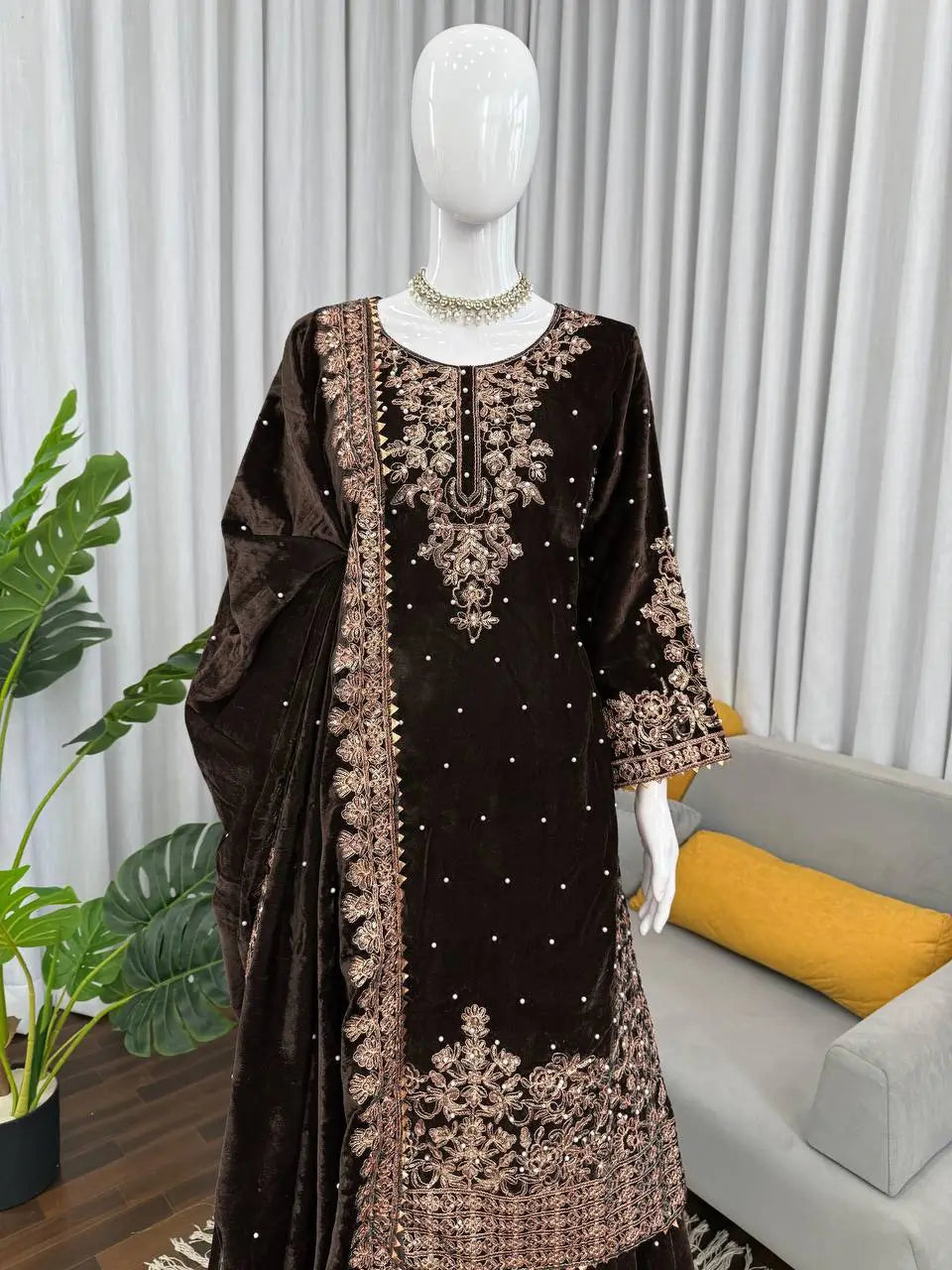 Embroidered Viscose Velvet Palazzo Suit Set