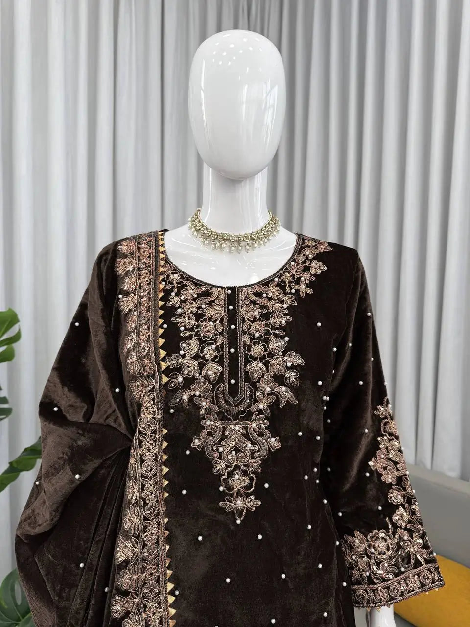 Embroidered Viscose Velvet Palazzo Suit Set