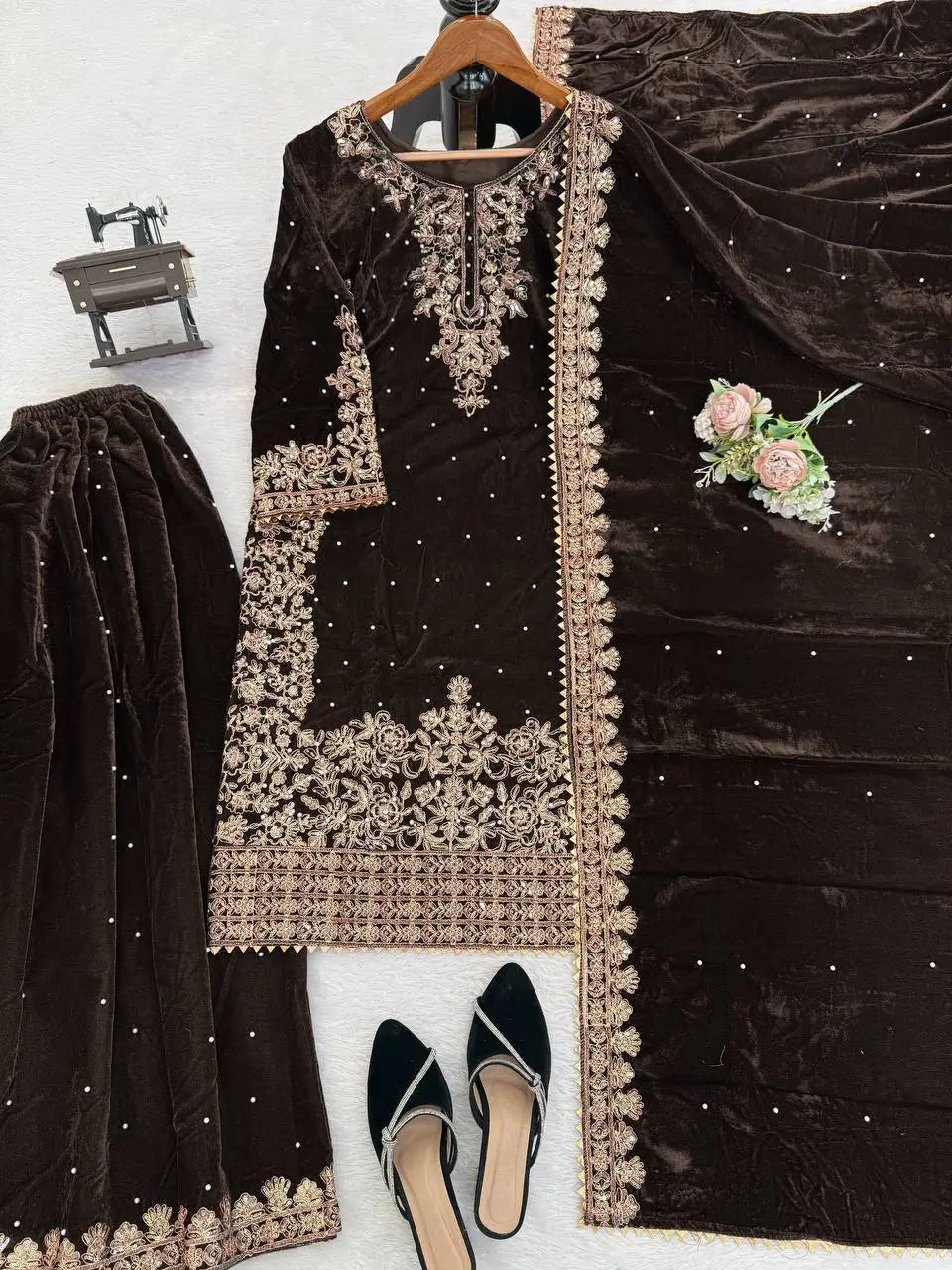 Embroidered Viscose Velvet Palazzo Suit Set