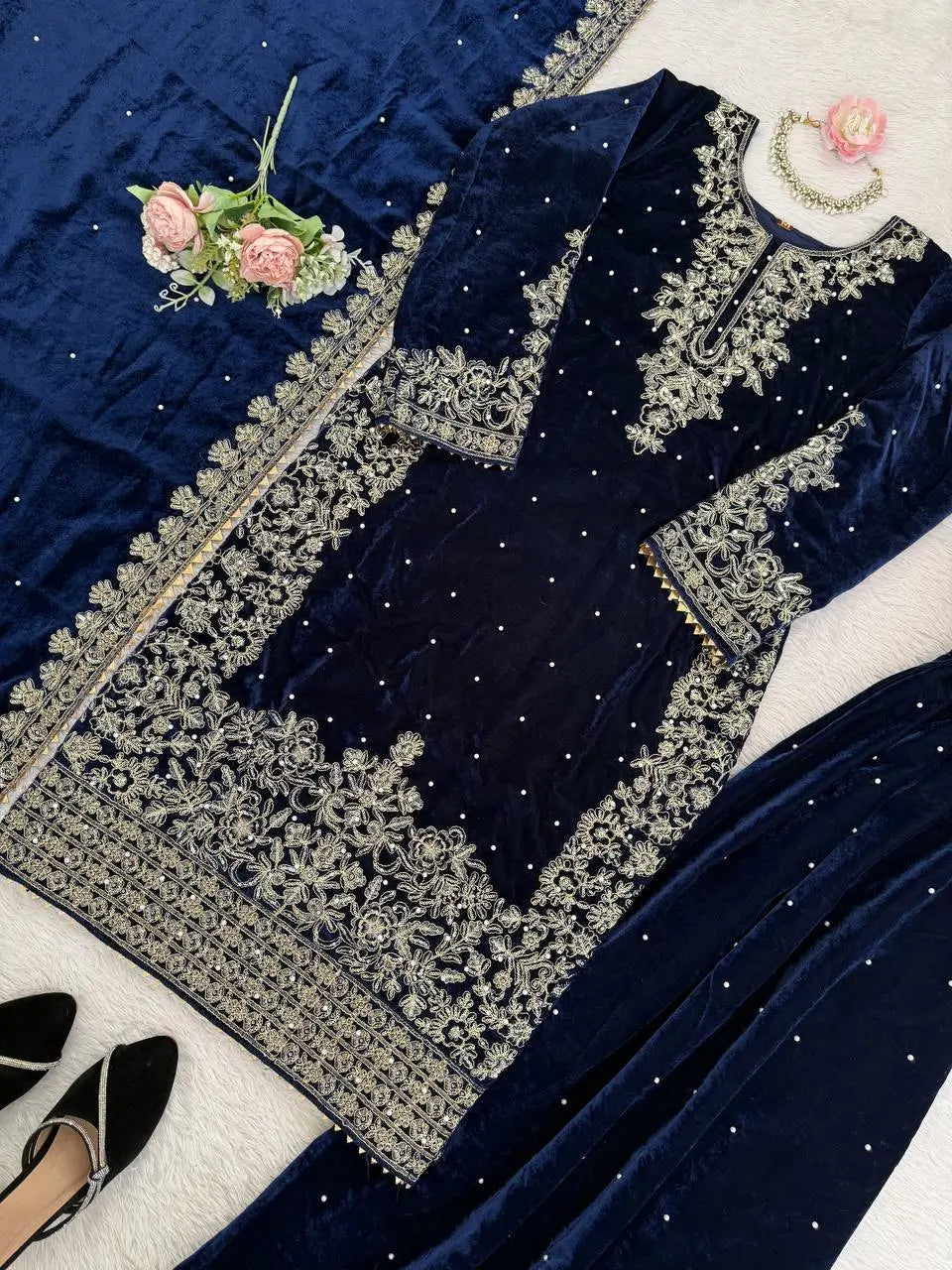 Embroidered Viscose Velvet Palazzo Suit Set