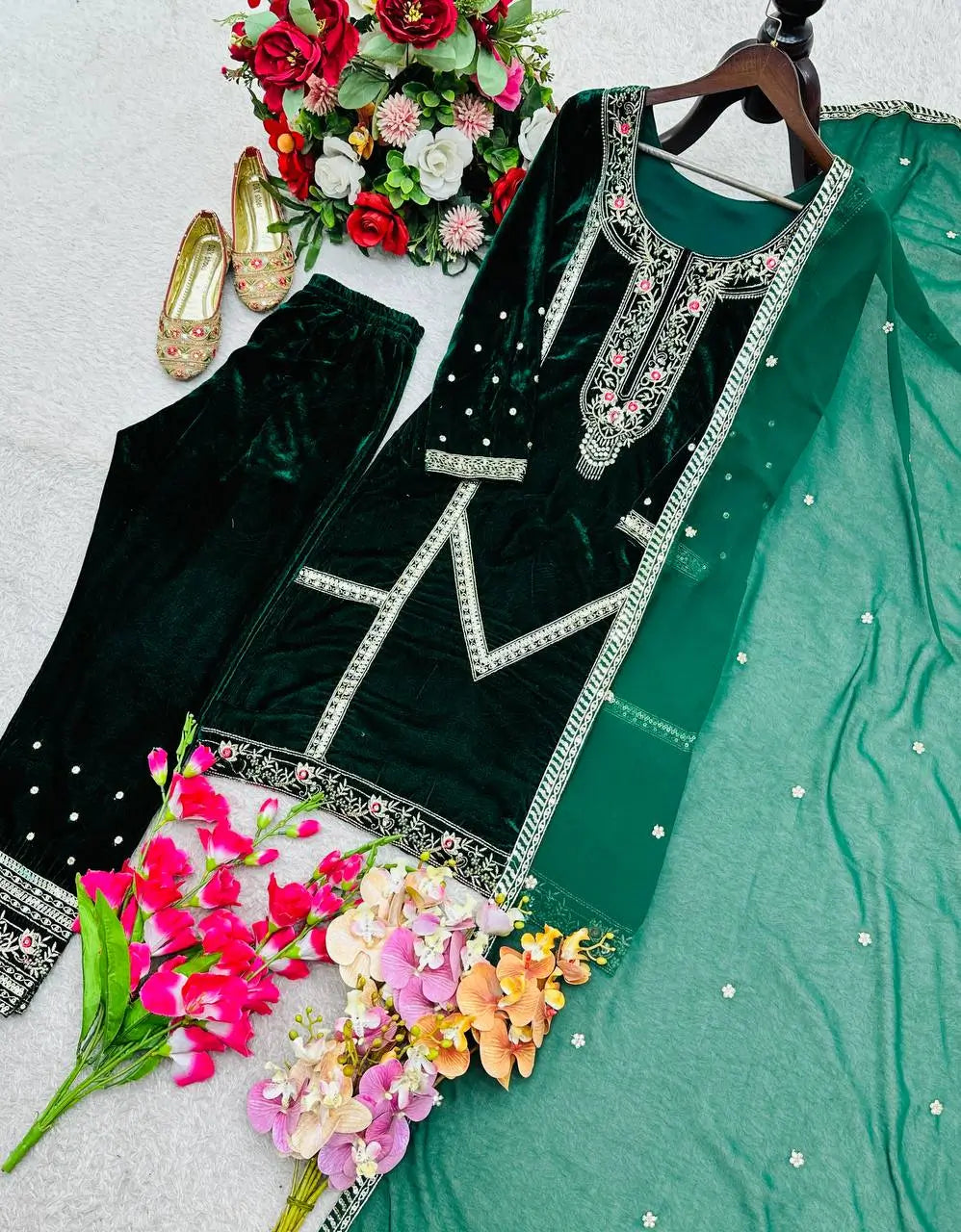 Embroidered Viscose Velvet Suit Set