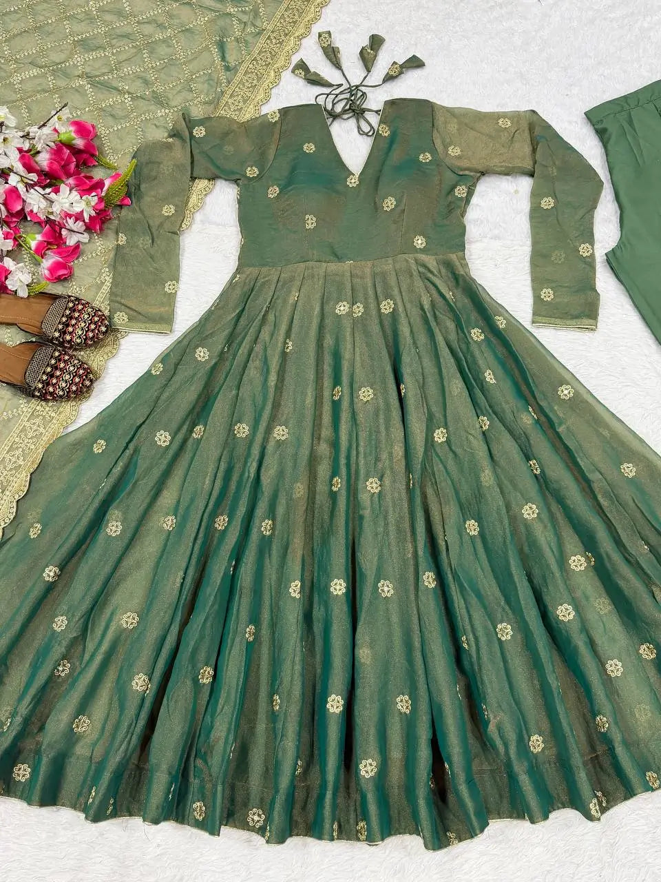 Emerald Grace Embroidered Anarkali Suit Set for Festive and Wedding Wear