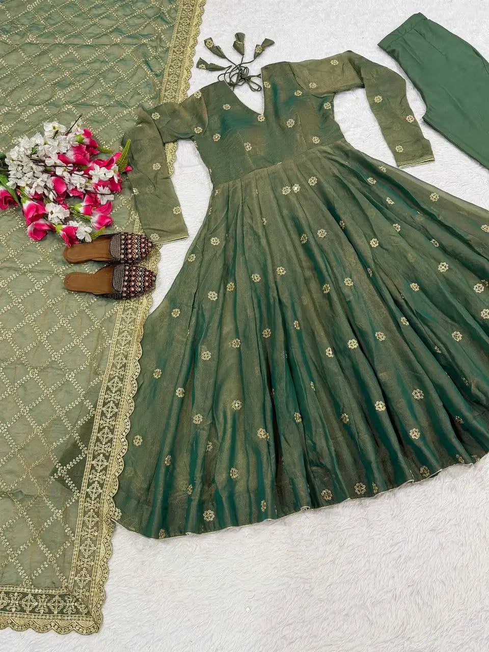 Emerald Grace Embroidered Anarkali Suit Set for Festive and Wedding Wear