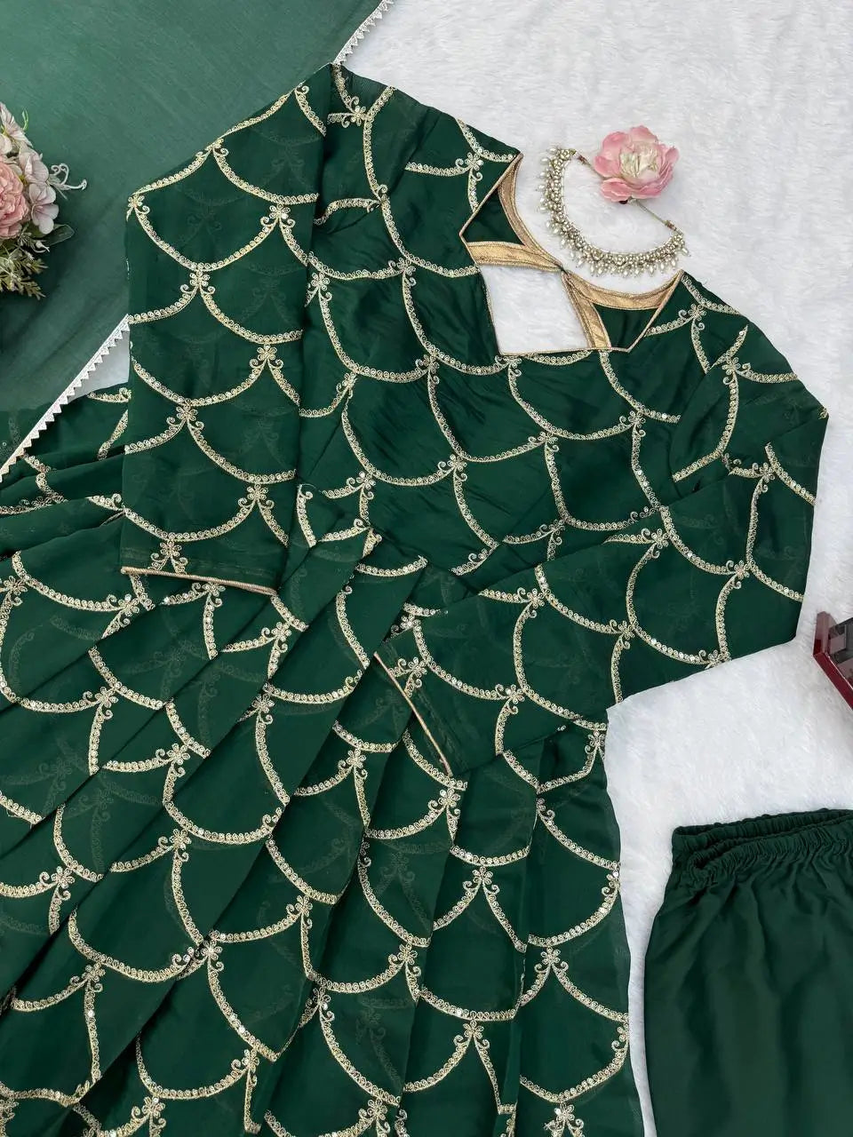 Emerald Green Embroidered Chanderi Gown Set with Open-Back Detail