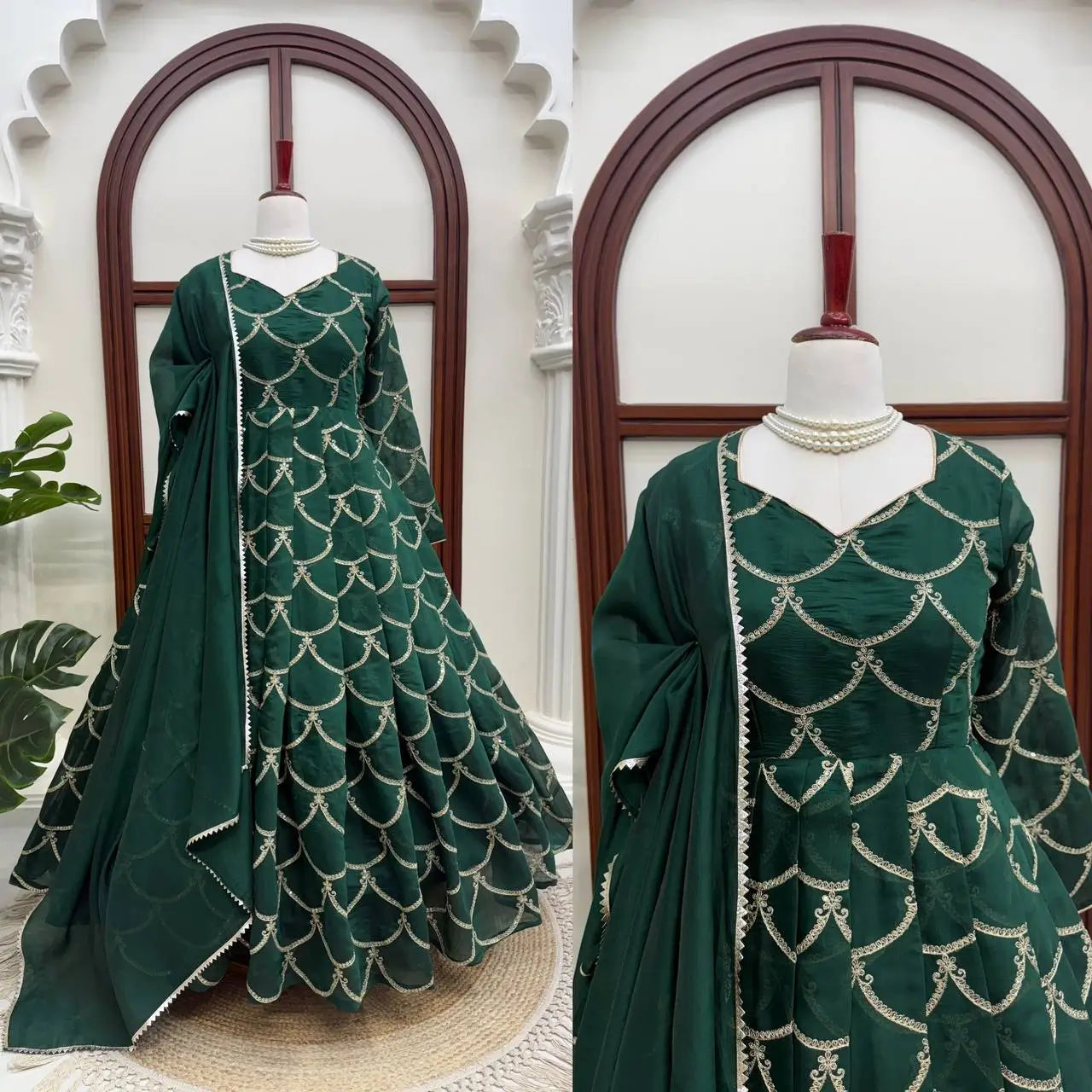Emerald Green Embroidered Chanderi Gown Set with Open-Back Detail