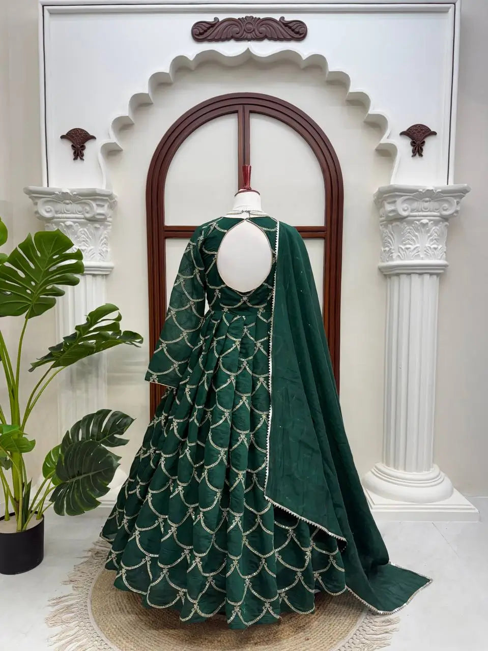Emerald Green Embroidered Chanderi Gown Set with Open-Back Detail