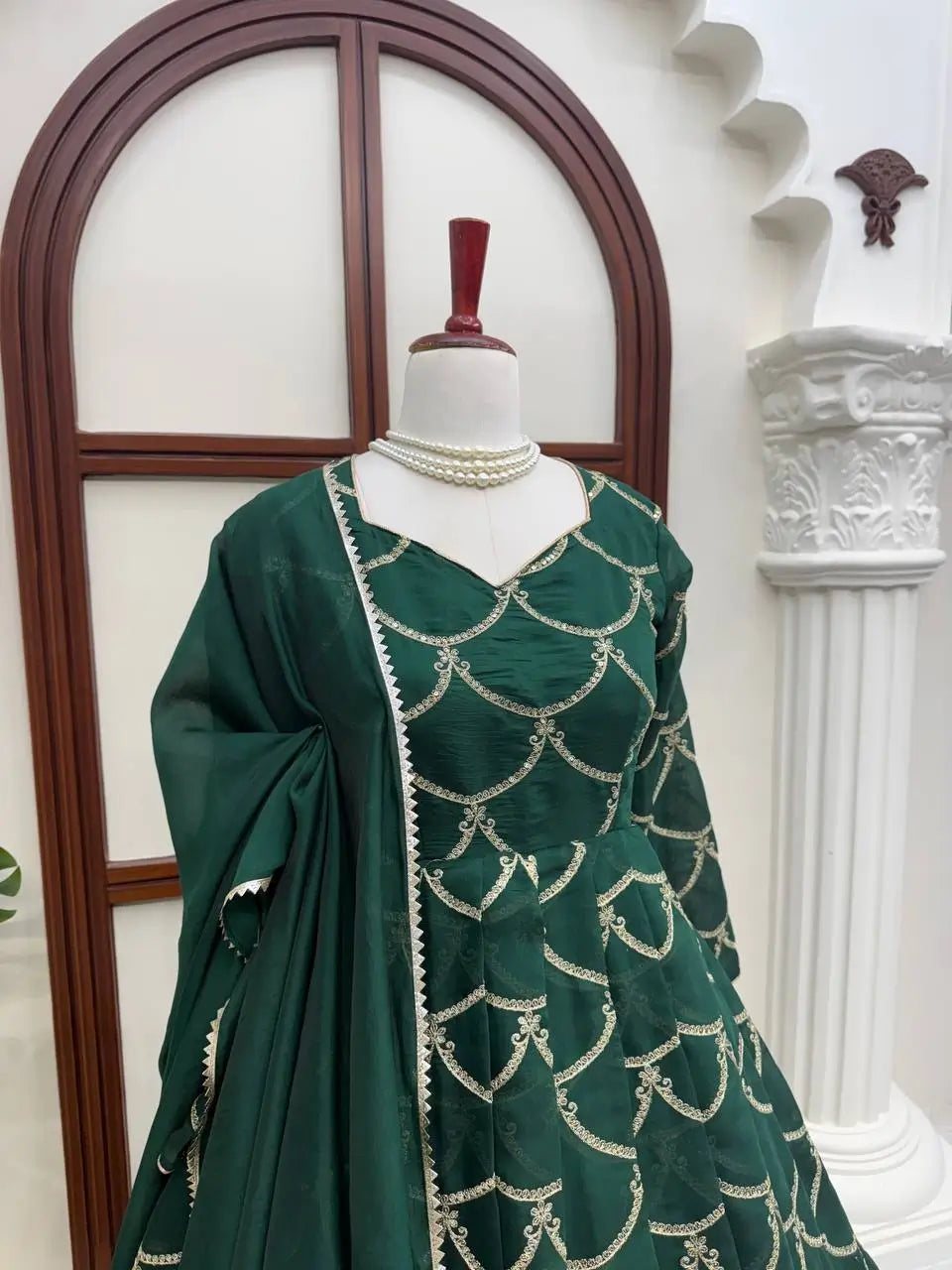 Emerald Green Embroidered Chanderi Gown Set with Open-Back Detail