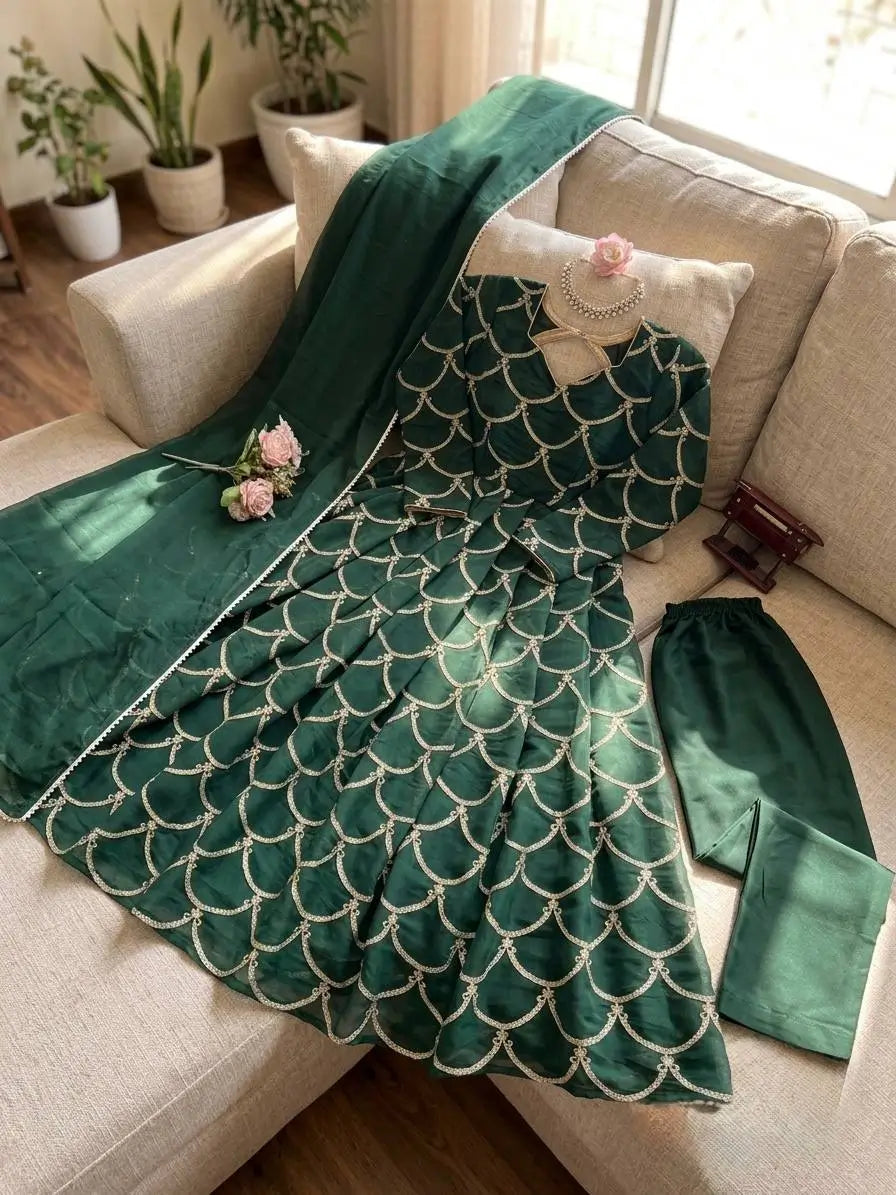 Emerald Green Embroidered Chanderi Gown Set with Open-Back Detail