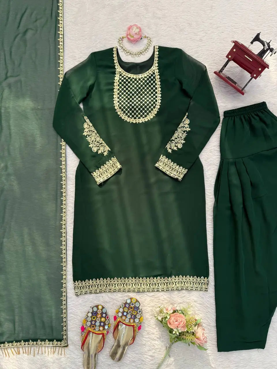 Emerald Green Faux Georgette Sequins Embroidered Patiala Suit for Wedding & Festive Wear