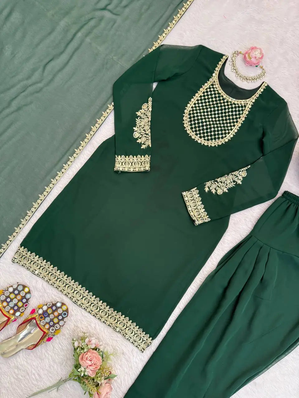 Emerald Green Faux Georgette Sequins Embroidered Patiala Suit for Wedding & Festive Wear