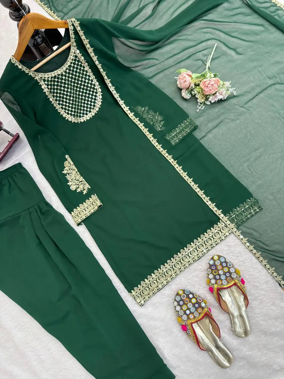 Emerald Green Faux Georgette Sequins Embroidered Patiala Suit for Wedding & Festive Wear