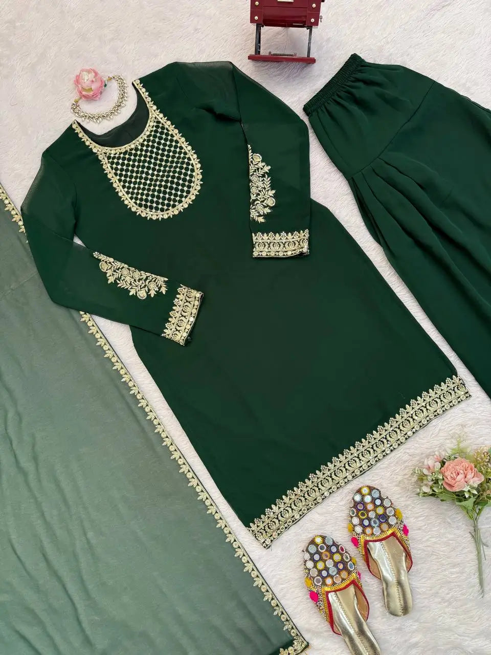 Emerald Green Faux Georgette Sequins Embroidered Patiala Suit for Wedding & Festive Wear