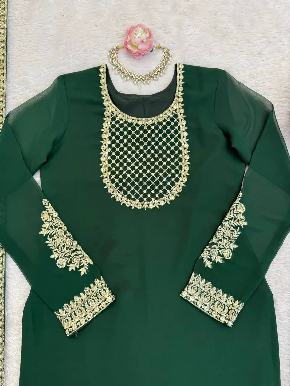 Emerald Green Faux Georgette Sequins Embroidered Patiala Suit for Wedding & Festive Wear