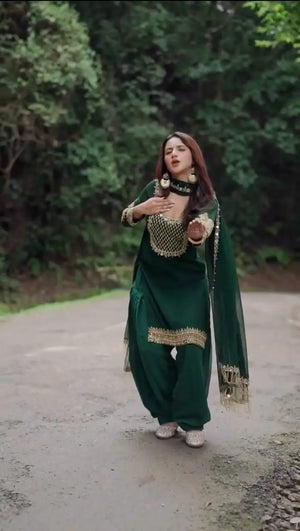 Emerald Green Faux Georgette Sequins Embroidered Patiala Suit for Wedding & Festive Wear