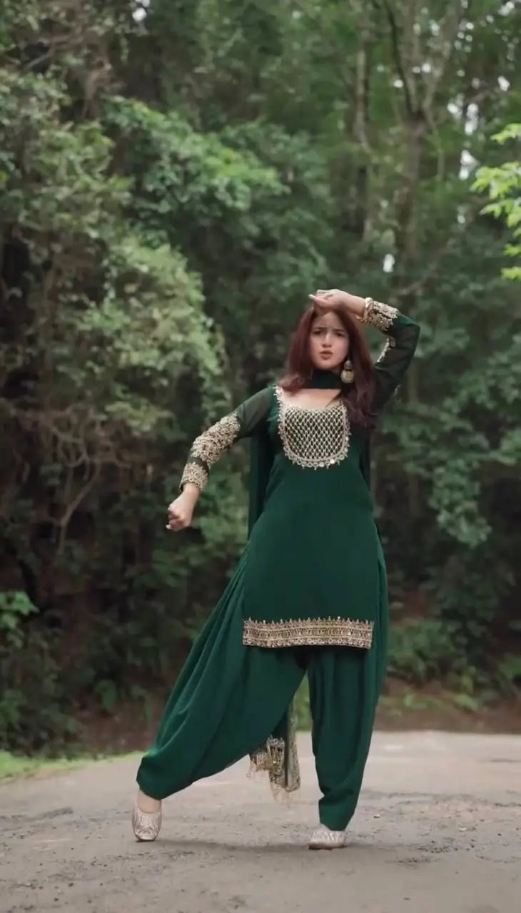 Emerald Green Faux Georgette Sequins Embroidered Patiala Suit for Wedding & Festive Wear